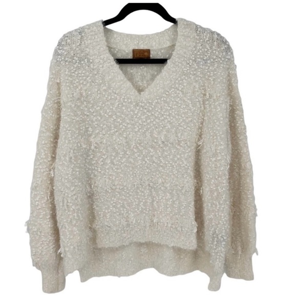 POL V-neck Teddy Pullover Sweater Soft In Ivory Womens Size Large Anthropologie - Picture 1 of 9